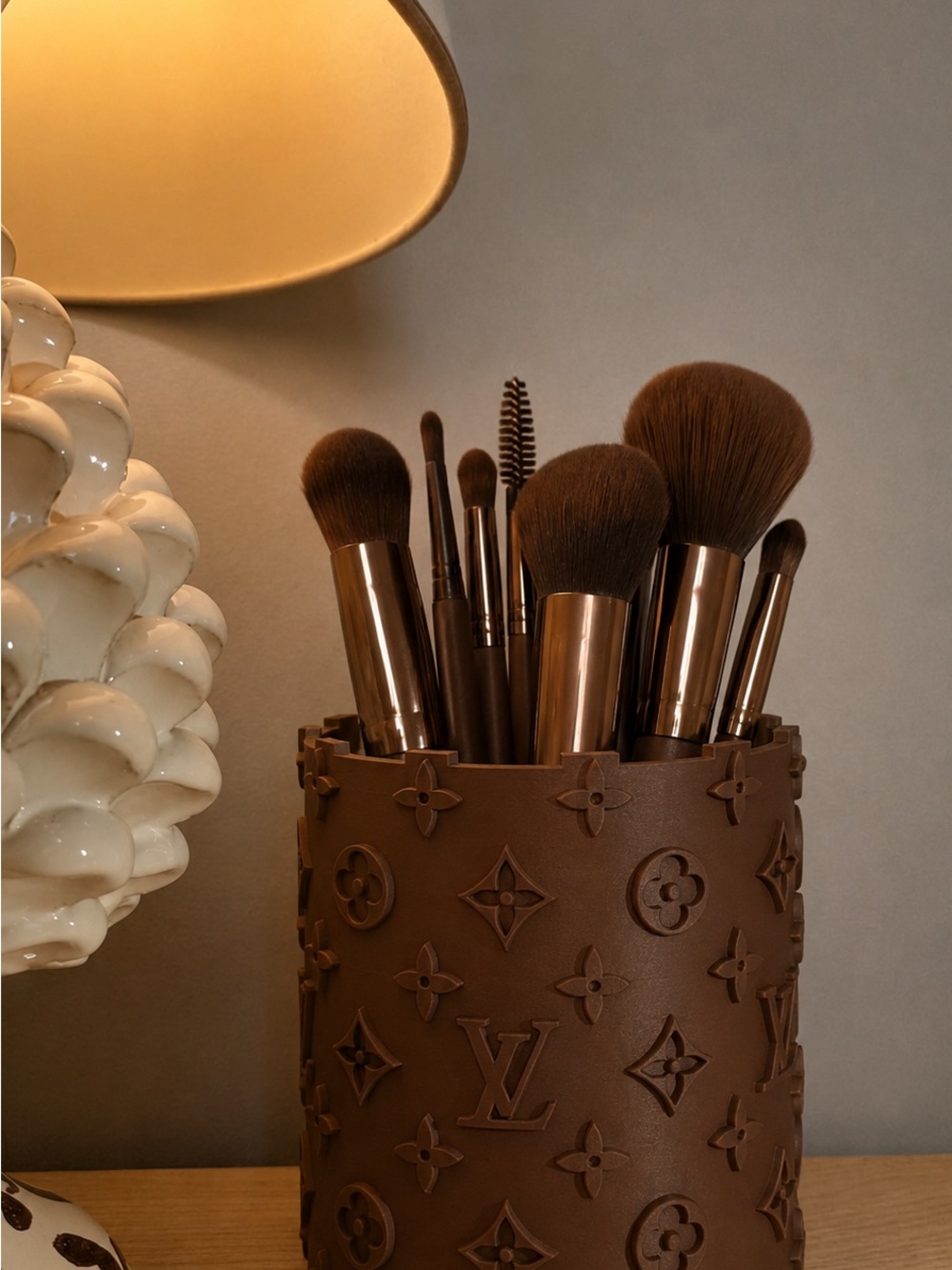 Luxury Brown Makeup Brush Holder with Embossed Monogram